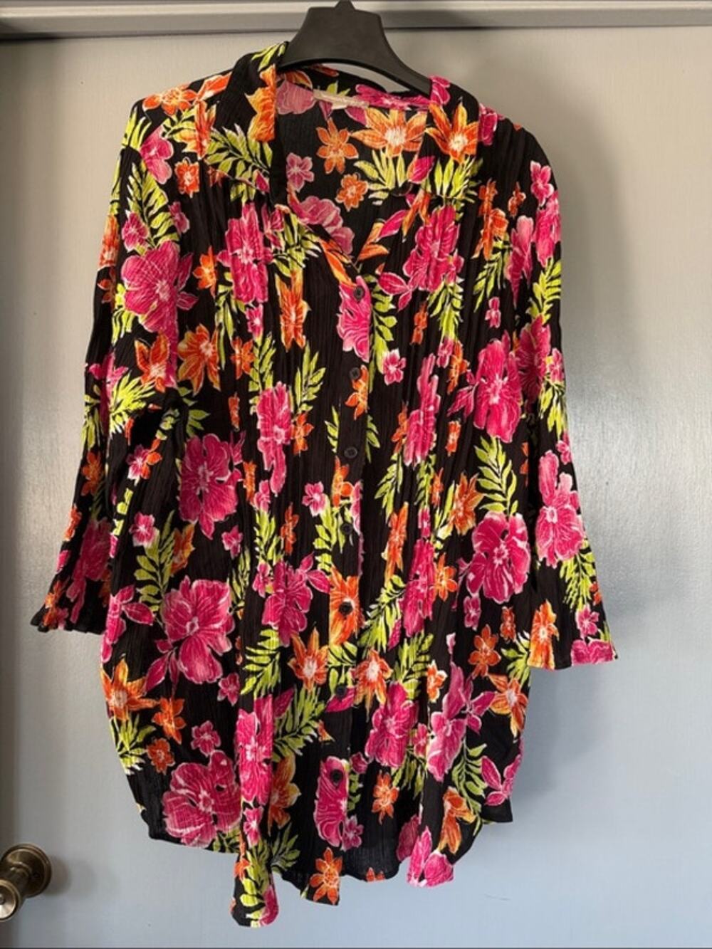 Woman Within Size 2X (26/28) Button Front Tunic Top 3/4 Length Sleeves Floral
